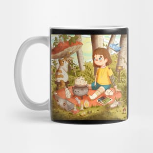 Little girl at forest with forest animals and cat Mug